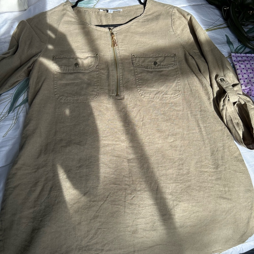 Khaki Long Sleeve Top with Zipper